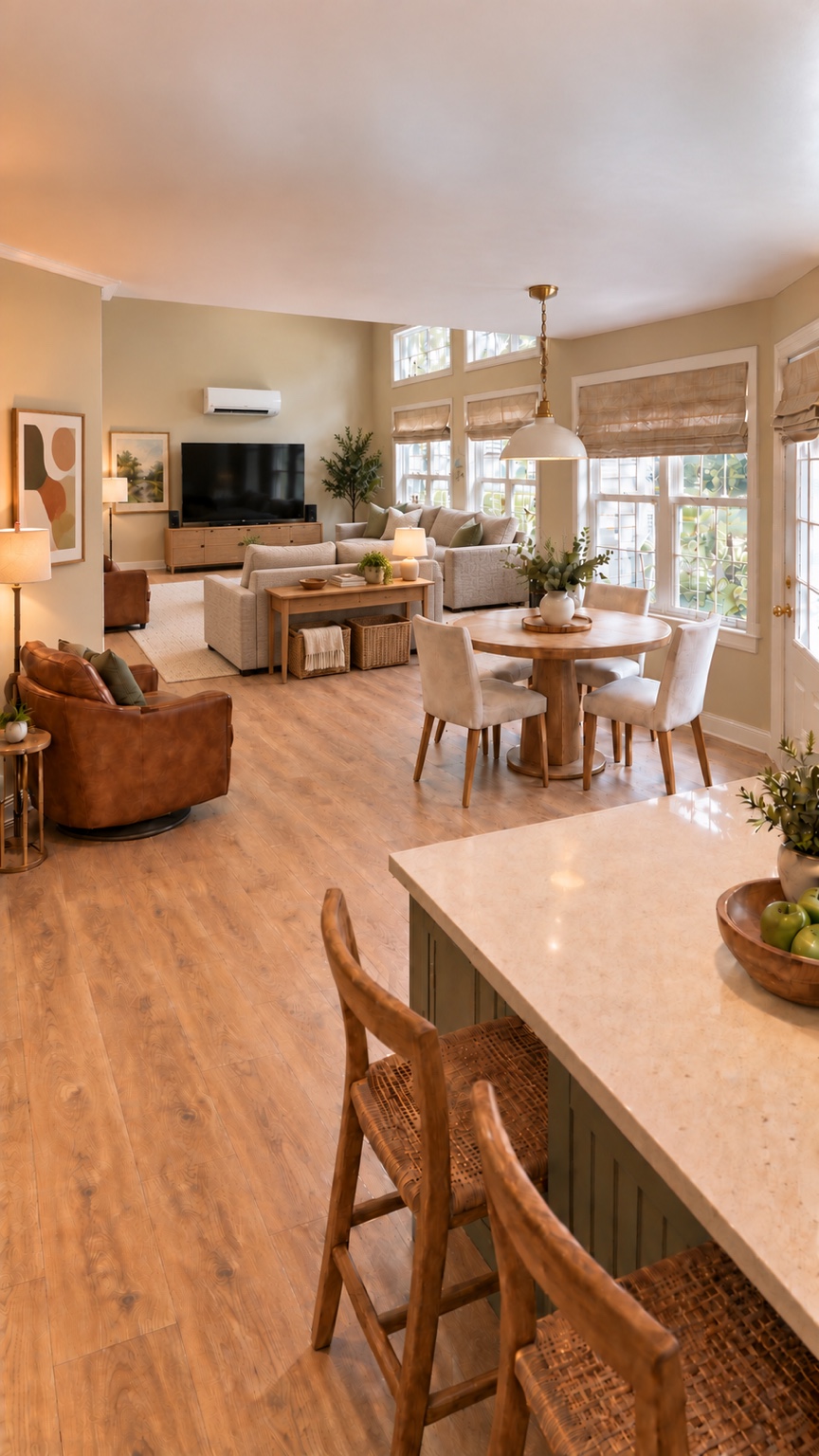 Favourite proposed open-plan kitchen, dining and living room with warm oak and soft neutrals